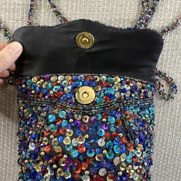 Vintage Beaded Crossbody Black Sequin Purse Holiday Evening Bag Event Clutch - Picture 6 of 8